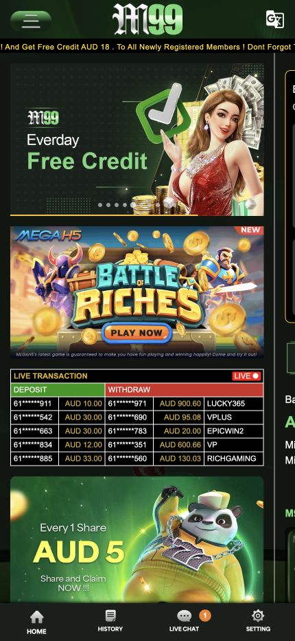 Actual m99 homepage in a narrow browser viewport, showing the m99 logo, promotional banners and Home, History, Live Chat and Setting navigation