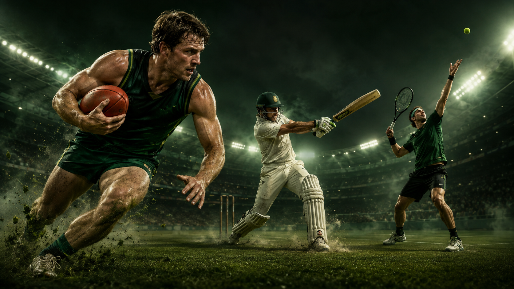 Australian rules football, cricket and tennis athletes in action under stadium lights